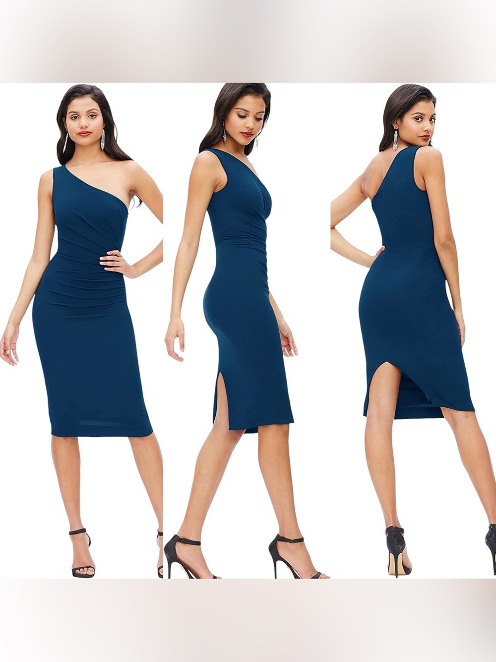 DRESS THE POPULATION Martine Sleeveless One Shoulder Bodycon Midi Evening Dress